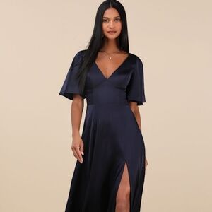 Lulus Elegant Confidence Navy Satin Flutter Sleeve Cutout Maxi Dress Blue